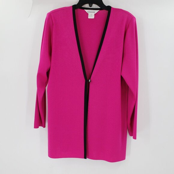 misook Cardigan Women's Large pink One Button jewel Jacket black trim acrylic - Picture 1 of 12